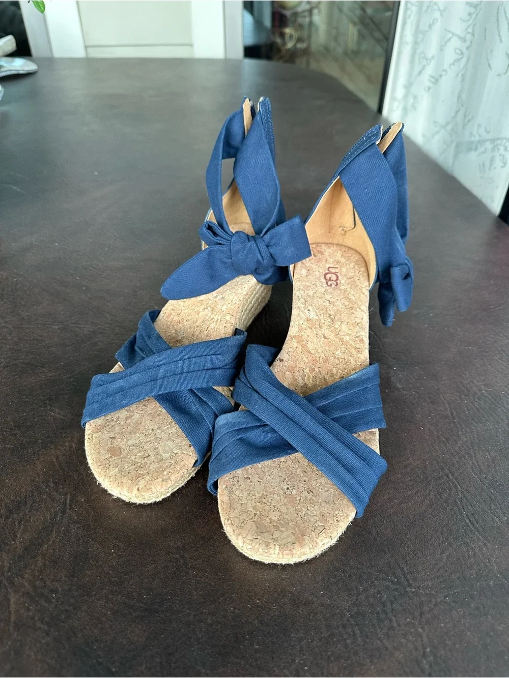 UGG Navy Fabric Cork Wedge Sandals with Ankle Tie